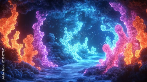 Underwater scene with glowing corals and bubbles photo