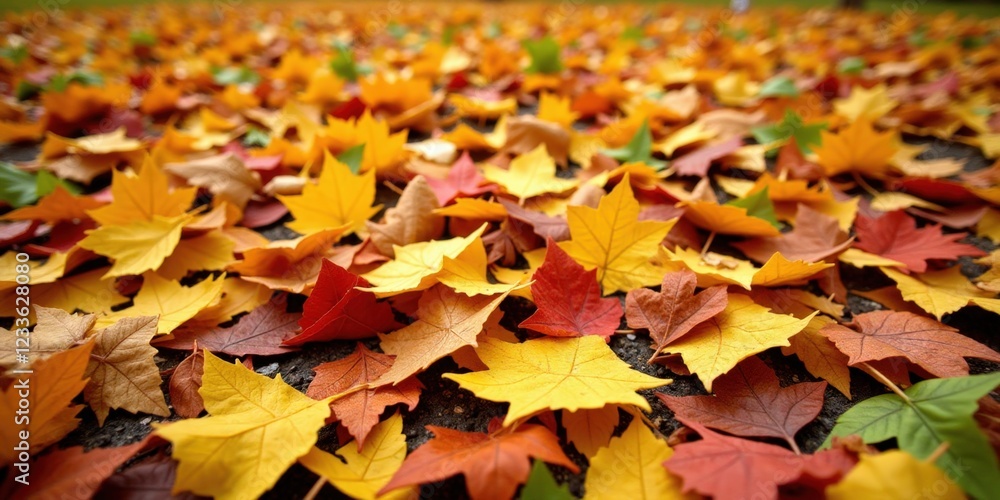 A vibrant tapestry of autumn leaves—yellow, orange, red, and brown—scattered across a richly textured ground, creating a warm mosaic beneath the trees A vibrant tapestry of autumn leaves—yellow, orange, red, and brown—scattered across a richly textured ground, creating a warm mosaic beneath the trees