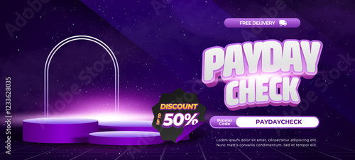 Payday Sale discount deals vibrant purple galaxy gradient Editable text effect Showcase podium Exclusive promotional Horizontal banner