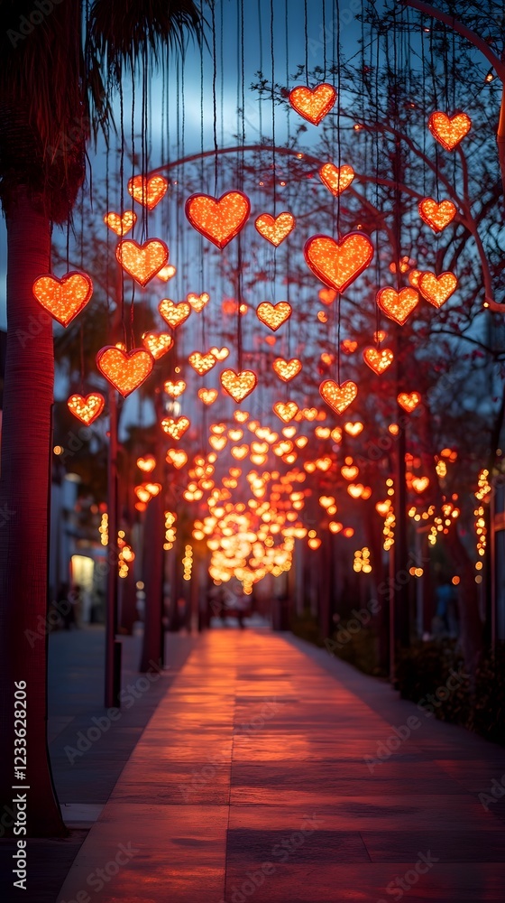 Obraz premium Enchanting Hearts Aglow Illuminated Romantic Walkway in Festive Night City Scene