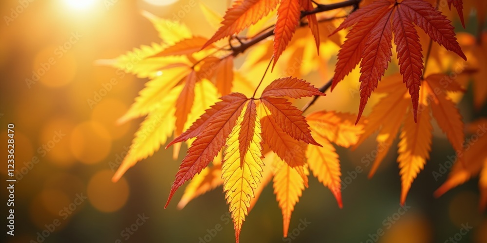 Vibrant orange and yellow maple leaves dance across the frame, creating depth and dimension. Oranges lead from left to right, transitioning into radiant yellows, capturing autumn's fiery essence Vibrant orange and yellow maple leaves dance across the frame, creating depth and dimension. Oranges lead from left to right, transitioning into radiant yellows, capturing autumn's fiery essence