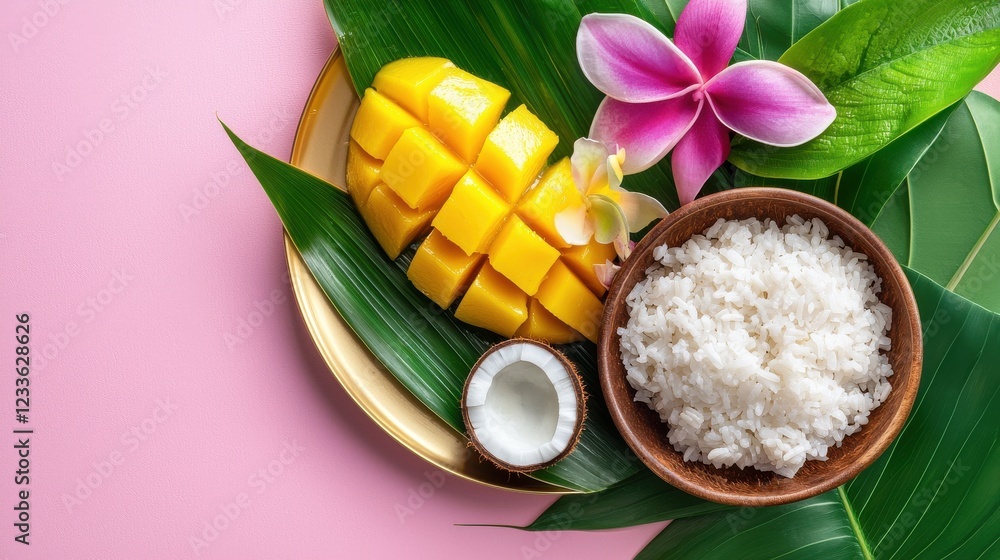 Fresh Mango Slices with Sticky Rice Served with Coconut and Tropical Flowers on Colorful Background Fresh Mango Slices with Sticky Rice Served with Coconut and Tropical Flowers on Colorful Background