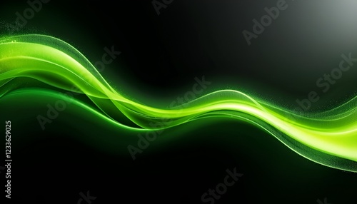 Abstract green waves, neon glow, flowing energy, black background, dynamic curves, digital art, vibrant green hues, smooth gradients, futuristic design, motion blur, sleek aesthetic, minimalist compos