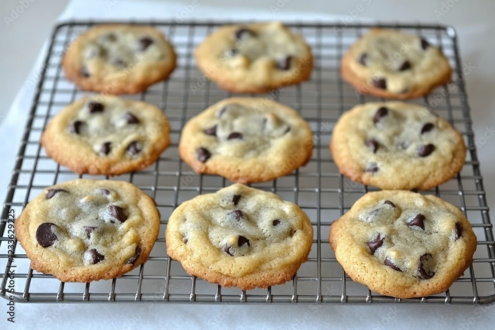 Freshly Baked Chocolate Chip Cookies Cooling on a Wire Rack, Perfect for Dessert Lovers and Baking Enthusiasts Relaxing at Home or Celebrating Special Occasions Freshly Baked Chocolate Chip Cookies Cooling on a Wire Rack, Perfect for Dessert Lovers and Baking Enthusiasts Relaxing at Home or Celebrating Special Occasions