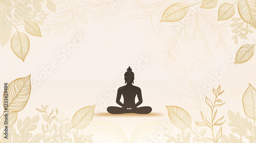 Minimalist Mahavir Jayanti banner with creamy white background and gold accents, silhouette of Lord Mahavira in dhyana pose, Peepal leaves as decoration