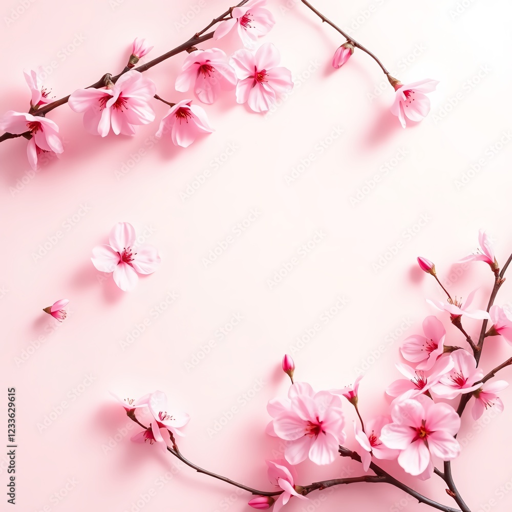Sakura Blossoms in Soft Pink Hues
A branch of delicate pink cherry blossoms in full bloom, artistically displayed on a solid pastel pink background Sakura Blossoms in Soft Pink Hues
A branch of delicate pink cherry blossoms in full bloom, artistically displayed on a solid pastel pink background