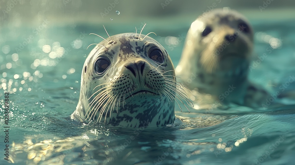 Fototapeta premium Two harbor seals swimming in clear water.