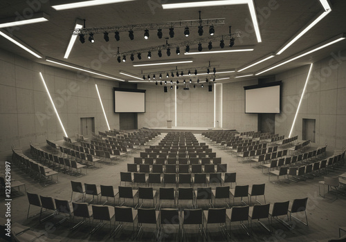 Unoccupied auditorium with a neutral gray palette, tiered seating arrangement, and a central stage, offering a blank canvas for any event