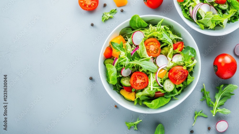 Fresh Colorful Salad with Cherry Tomatoes, Radishes, Cucumbers, and Leafy Greens on a Light Gray Background Fresh Colorful Salad with Cherry Tomatoes, Radishes, Cucumbers, and Leafy Greens on a Light Gray Background
