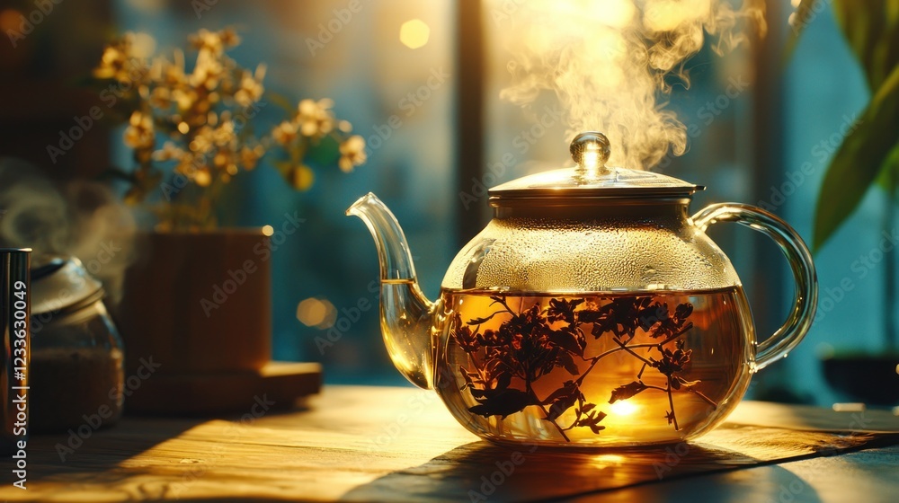 Steaming herbal tea in a glass teapot on a wooden table. Steaming herbal tea in a glass teapot on a wooden table.