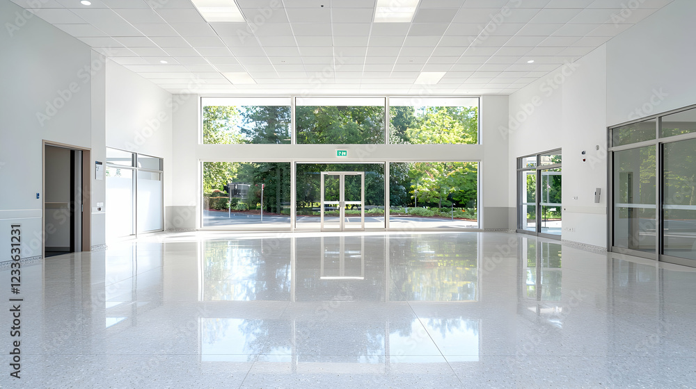 Fototapeta premium Bright Lobby, Modern Building, Glass Doors, Green Trees