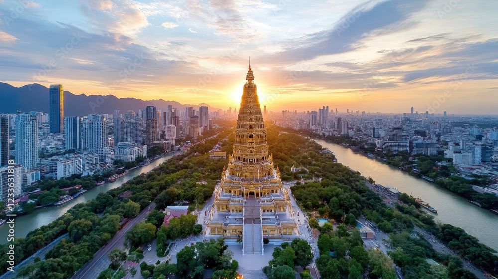 Obraz premium golden temple shimmering in Bangkok sunset, surrounded by cityscape