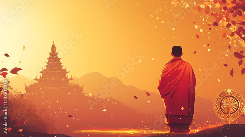 Saka Dawa banner with gold and maroon gradient background, a Tibetan monk in red-orange robe is praying in front of a stupa with prayer flags fluttering around him
