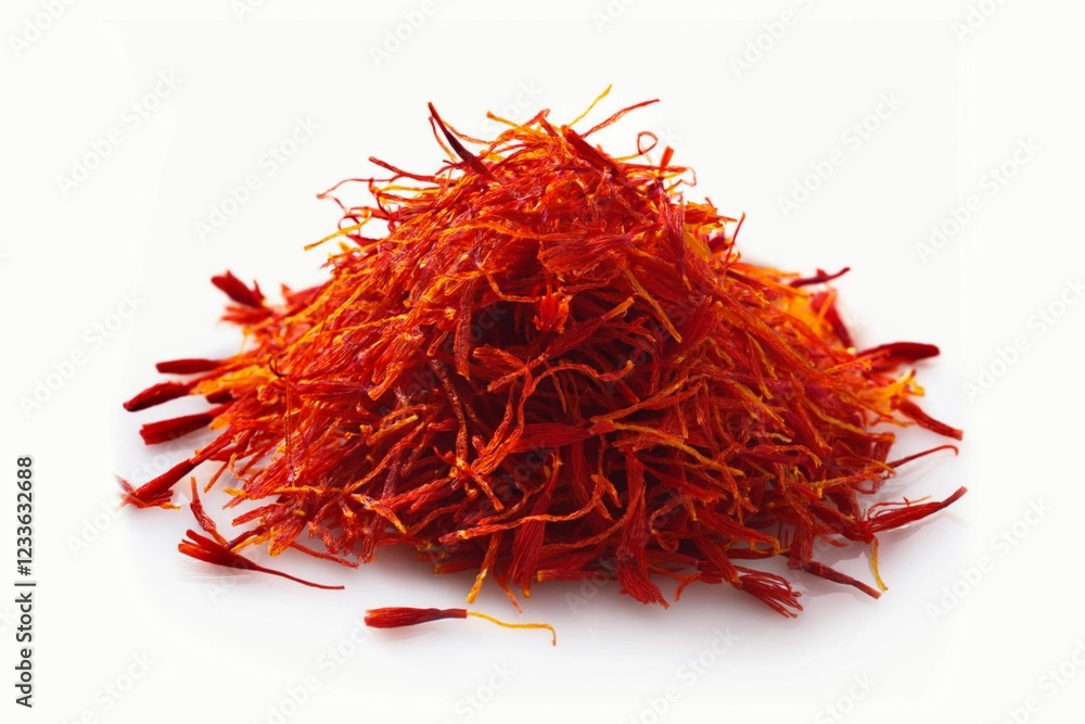 Fototapeta premium close-up shot the vivid red-orange color of the saffron threads , is prominently displayed, showcasing the fine, delicate nature of the spice. Isolated on white background with clapping path full of d