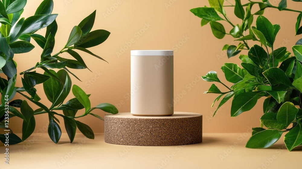 Minimalist Product Display with Neutral Jar Surrounded by Green Leaves on Simple Background Minimalist Product Display with Neutral Jar Surrounded by Green Leaves on Simple Background