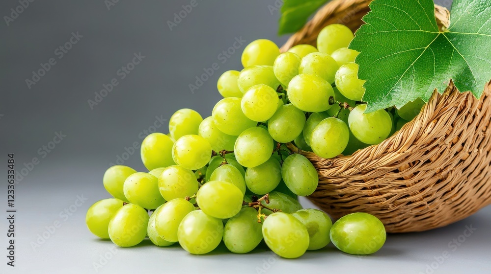 Fresh Green Grapes in a Woven Basket with Leaves on a Soft Gray Background Fresh Green Grapes in a Woven Basket with Leaves on a Soft Gray Background