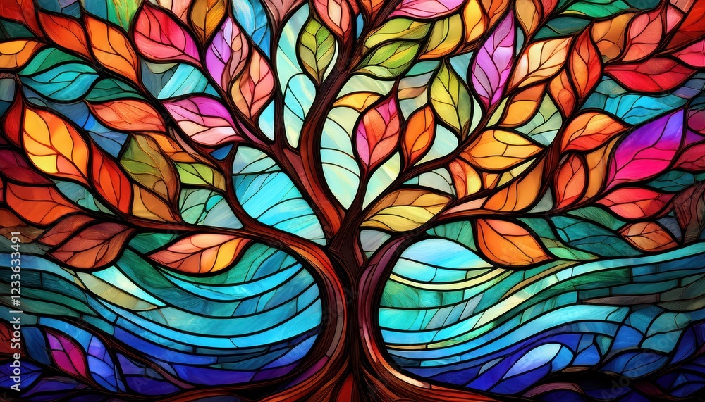Vibrant Stained Glass Tree Patterns A Kaleidoscope of Colors in a Stunning Textured Scene, Showcasing Intricate Patterns of Glass and Natures Beauty Vibrant Stained Glass Tree Patterns A Kaleidoscope of Colors in a Stunning Textured Scene, Showcasing Intricate Patterns of Glass and Natures Beauty