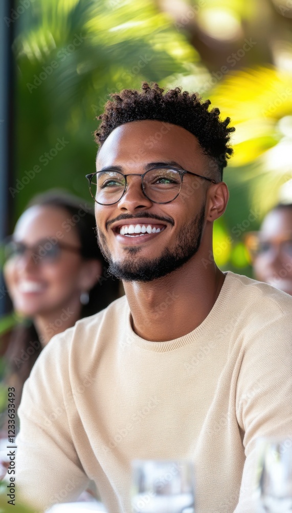 Smiling man in glasses outdoors, enjoying a sunny day. Positive and happy mood. Smiling man in glasses outdoors, enjoying a sunny day. Positive and happy mood.