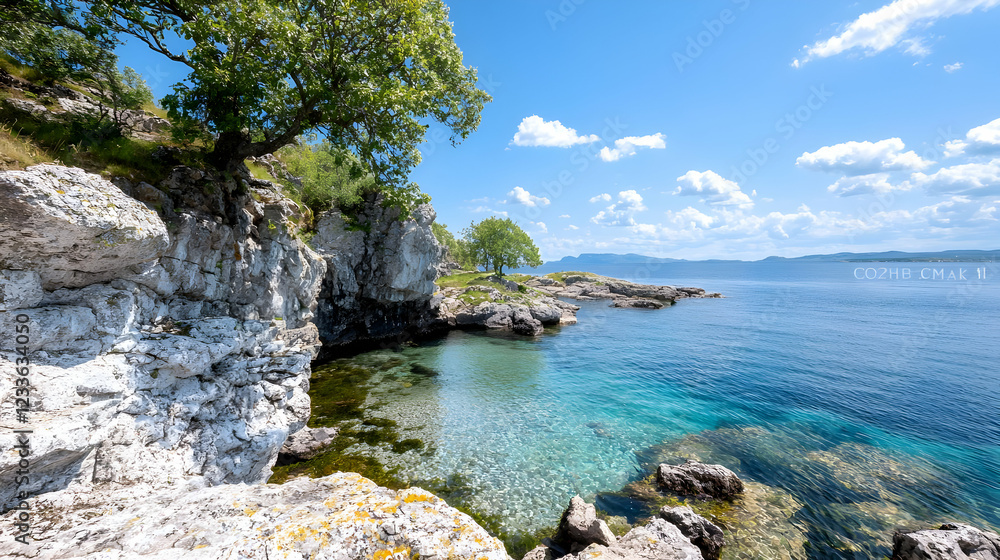 Secluded cove, clear water, island rocks, sunny day, travel postcard Secluded cove, clear water, island rocks, sunny day, travel postcard