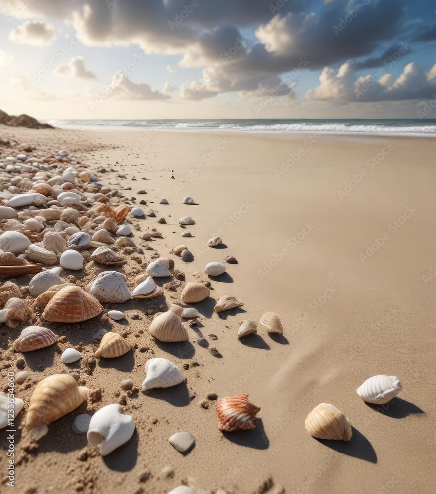 Seashells and driftwood scattered on a sandy beach with cloudy sky above, tide, wave Seashells and driftwood scattered on a sandy beach with cloudy sky above, tide, wave