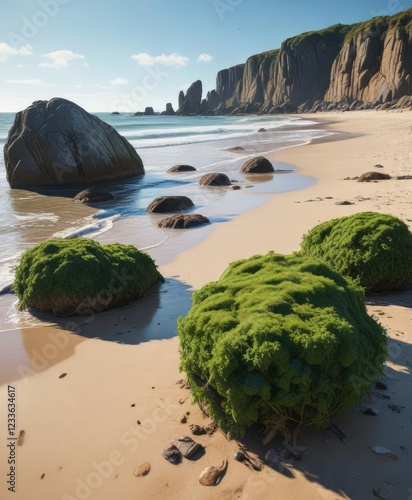 Seaweed-covered boulders on a Holderness Coast beach, ocean waves, holderness coast photo