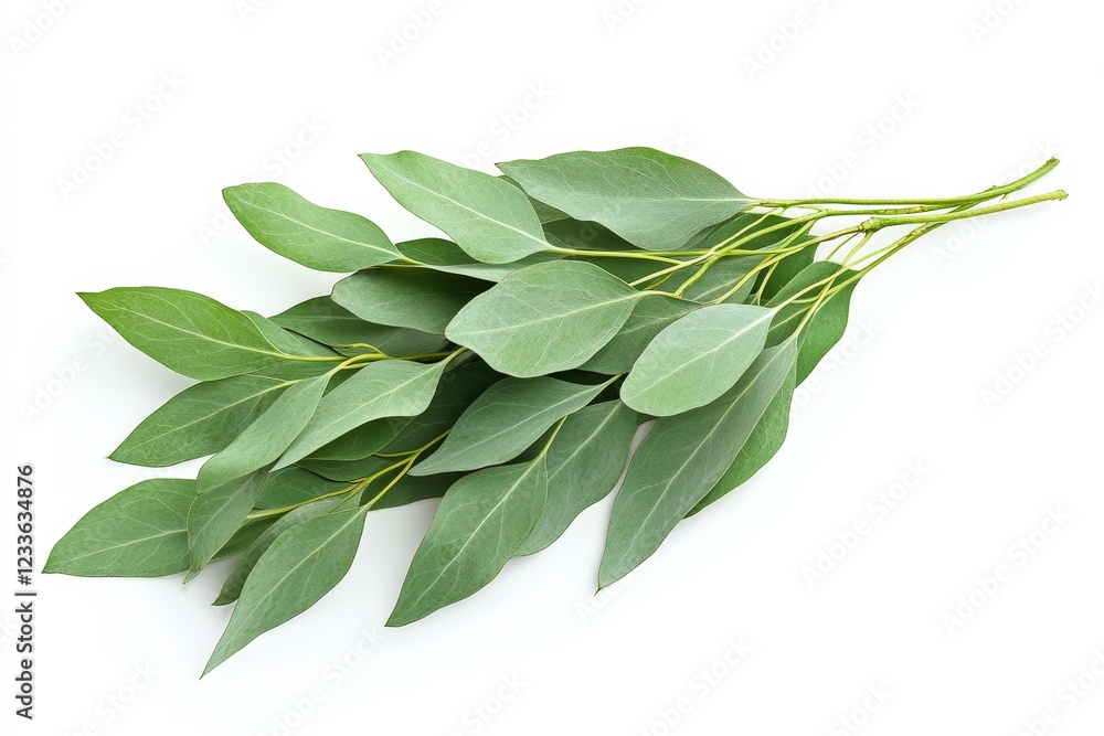 Sprig of eucalyptus leaves isolated on white background.