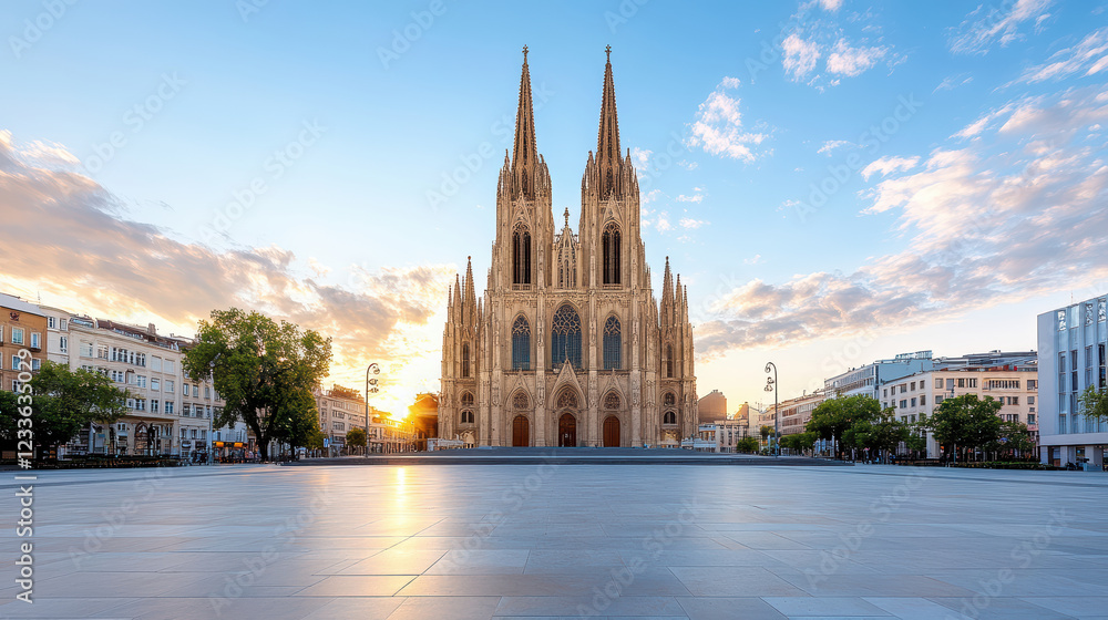 Fototapeta premium Stunning cathedral with twin spires at sunset in vibrant city square