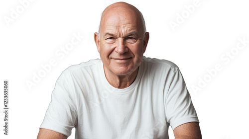 a portrait of an older balding man in a white t - shirt looking at the camera with a smile on his face PNG image, PNG file, Generative art.