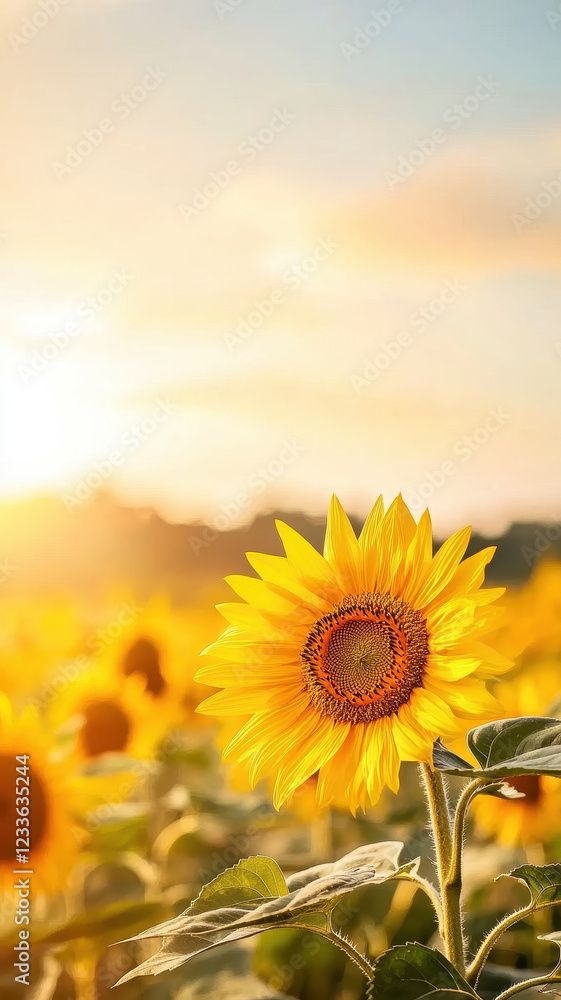Obraz premium Bright sunflower in golden field under warm sunset, radiating joy and beauty. vibrant yellow petals contrast beautifully with soft background