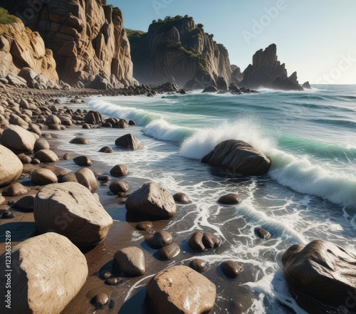 Rocky shoreline with ocean waves washing away rocks, ocean waves, rock formations photo