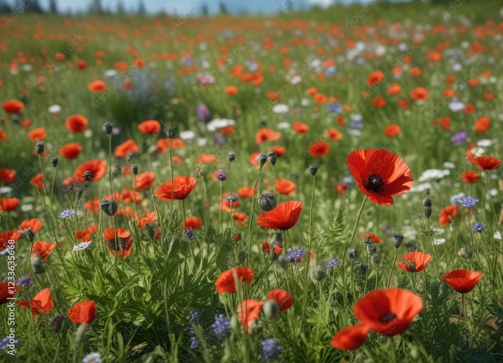 Red poppy blooms with other wildflowers in a meadow, nature photography, colorful wildflowers Red poppy blooms with other wildflowers in a meadow, nature photography, colorful wildflowers