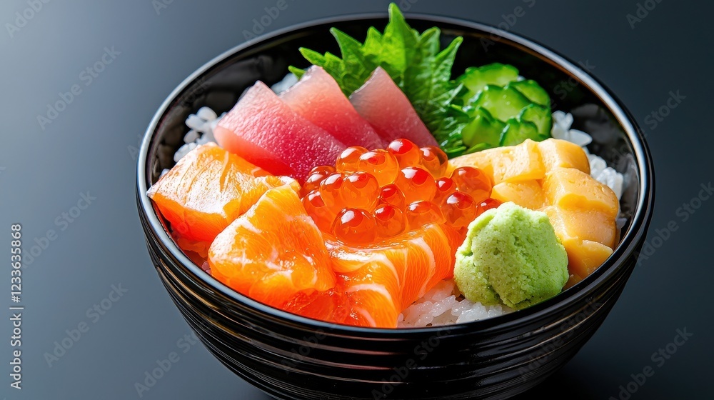 Fresh and Colorful Sushi Bowl with Variety of Sashimi, Salmon, Tuna, and Tasty Garnishes on Black Background Fresh and Colorful Sushi Bowl with Variety of Sashimi, Salmon, Tuna, and Tasty Garnishes on Black Background