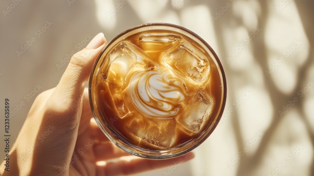 Iced coffee with latte art in a glass. Iced coffee with latte art in a glass.