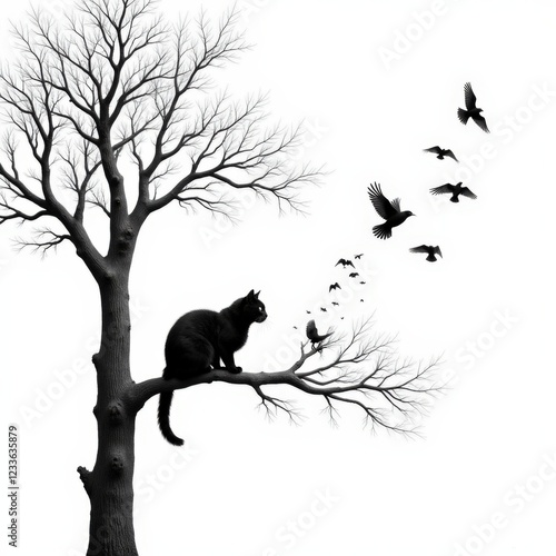 A poised black cat perched on a tree branch gazes left, exuding mystery in stark black and white contrasts, with intricate details accentuating its graceful form photo