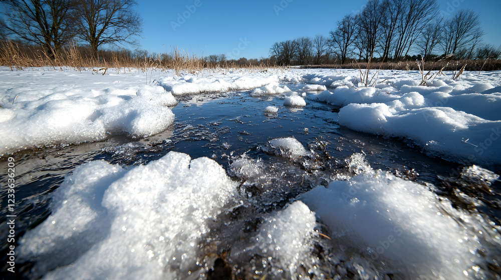 Fototapeta premium Winter stream melts through snow, trees background, nature scene