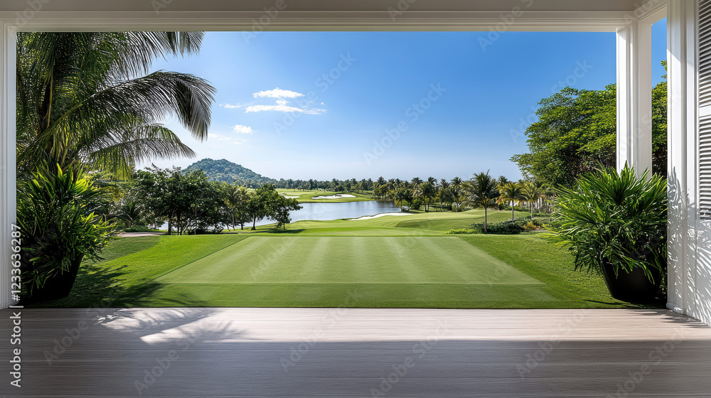 Naklejka premium stunning view of lush green golf course with ocean views in Hua Hin