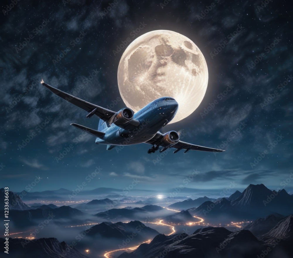Plane descends under starry night sky with full moon in the background, moon, aircraft, landing Plane descends under starry night sky with full moon in the background, moon, aircraft, landing