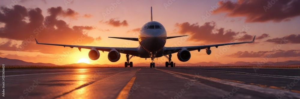 Plane touches down on runway as vibrant sunset fades behind it, clouds, atmosphere, airplane landing Plane touches down on runway as vibrant sunset fades behind it, clouds, atmosphere, airplane landing