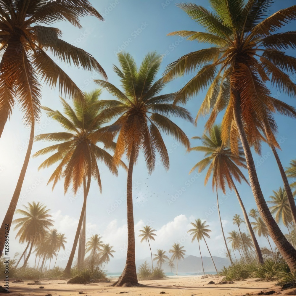 Obraz premium Palm trees swaying violently in strong tropical wind , windy conditions, leaf rustling
