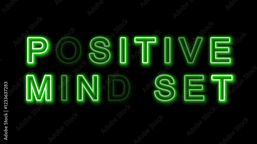 Positive Mindset green neon glowing Text isolated Black Background. motivation words for business concept. Positive Mindset green neon glowing Text isolated Black Background. motivation words for business concept.