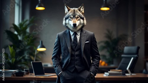 wolf in a classic business suit stand with hands in pockets