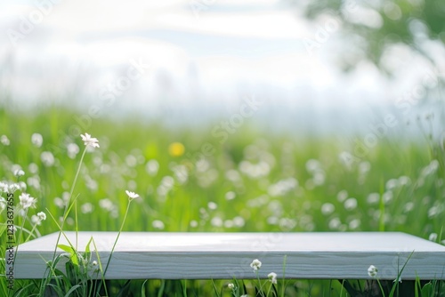 Podium product backdrop packaging mockup nature flower field.