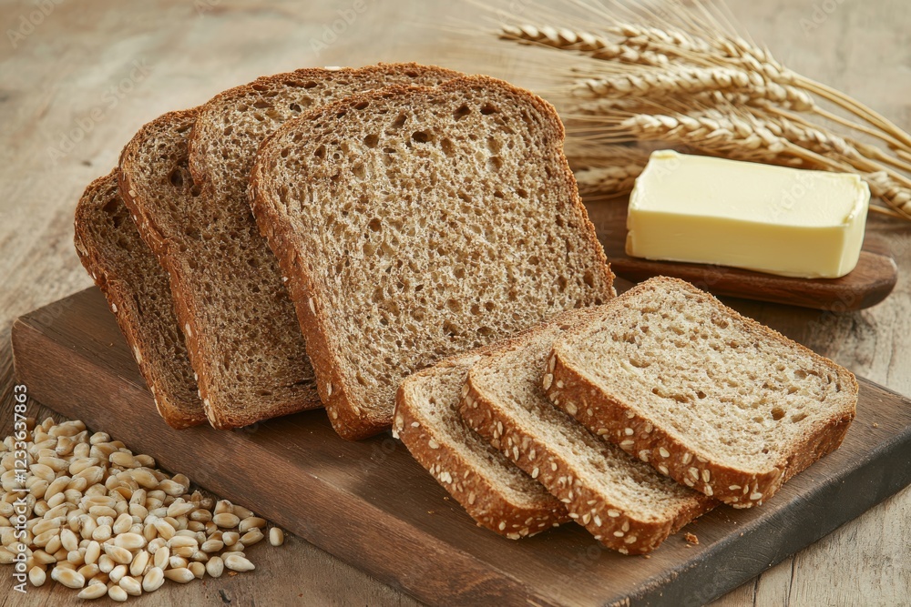 Freshly Sliced Whole Grain Bread with Butter and Wheat Stalks on Wooden Board in Rustic Kitchen Setting Freshly Sliced Whole Grain Bread with Butter and Wheat Stalks on Wooden Board in Rustic Kitchen Setting