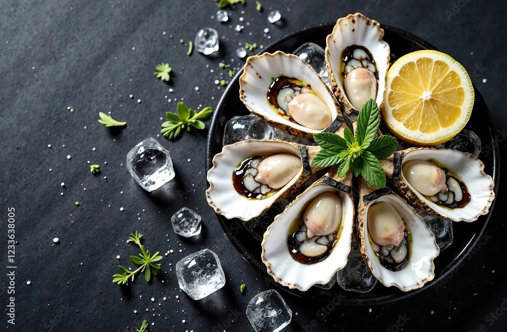 Oysters with ice and lemon on black stone background. Seafood. Top view. Free copy space
Oysters with ice and lemon on black stone background. Seafood. Top view. Free copy space