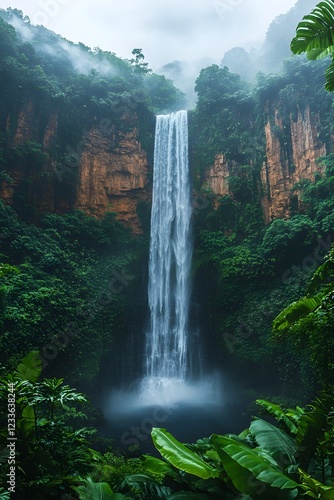 Majestic Waterfall Surrounded by Lush Tropical Rainforest Landscape