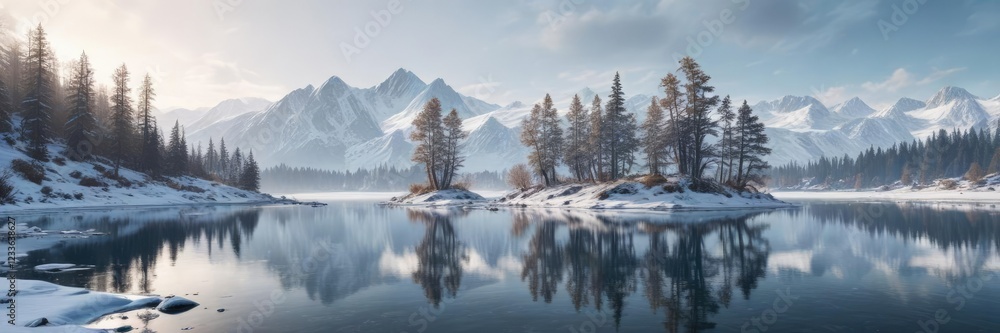 Snowy mountains with a frozen lake and snow-covered trees, frozen, wilderness Snowy mountains with a frozen lake and snow-covered trees, frozen, wilderness
