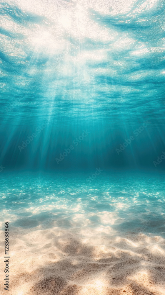 Obraz premium Crystal clear underwater view of ocean with sunlight filtering through water, creating serene and tranquil atmosphere. sandy ocean floor is visible, enhancing beauty of scene