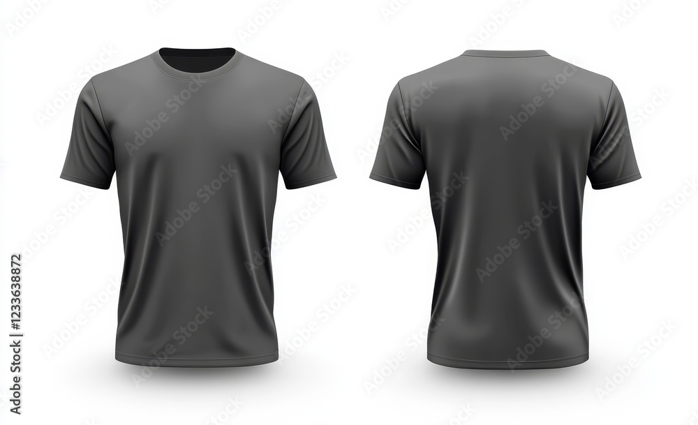 Front and back view of a plain dark gray t-shirt on white background. Front and back view of a plain dark gray t-shirt on white background.