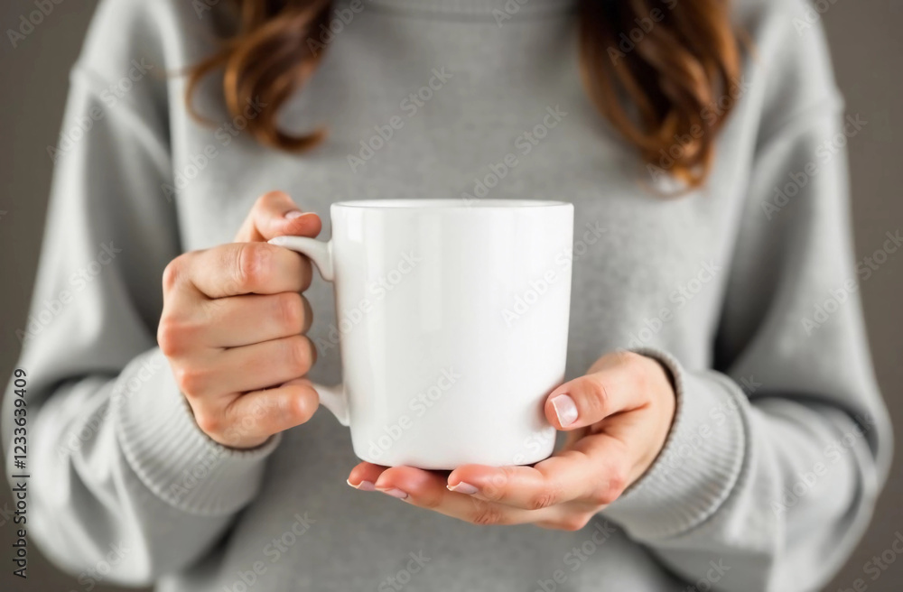 Woman in grey sweater holding a blank white cup mockup Woman in grey sweater holding a blank white cup mockup