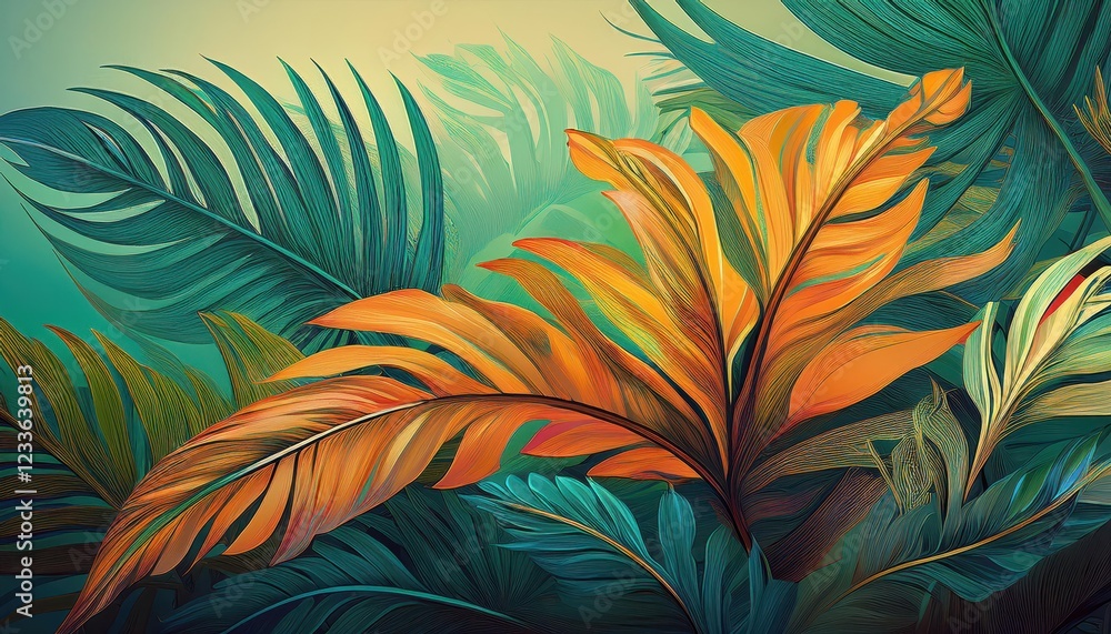 Naklejka premium Exotic Tropical Foliage Illustration Vibrant, Lush, and Breathtaking Exploration of Jungle Flora at Dusk